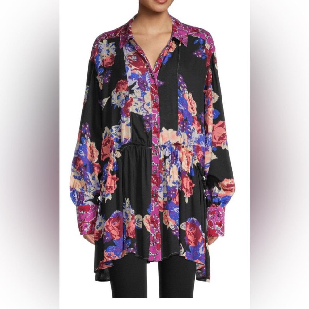 Free People*Brunch A Bunch*Floral Tunic Top Oversize~S~multicolor long sleeve